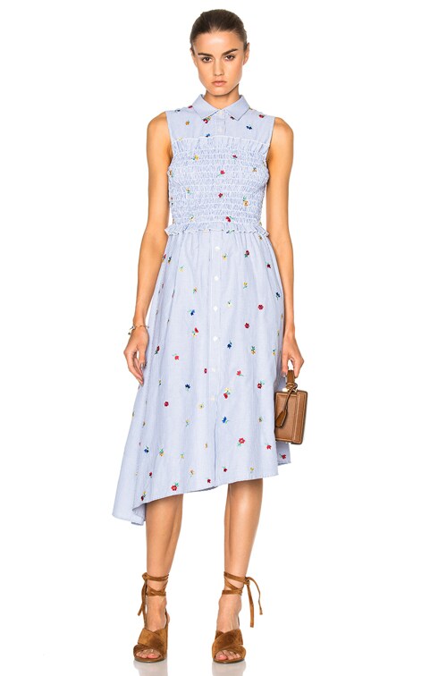 SUNO Smocked Embroidered Shirt Dress in Striped Shirt | FWRD