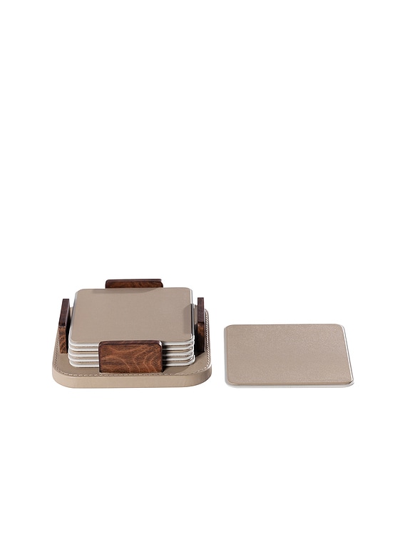 Sotto Leather With Burl Veneer Coaster Set Of 6