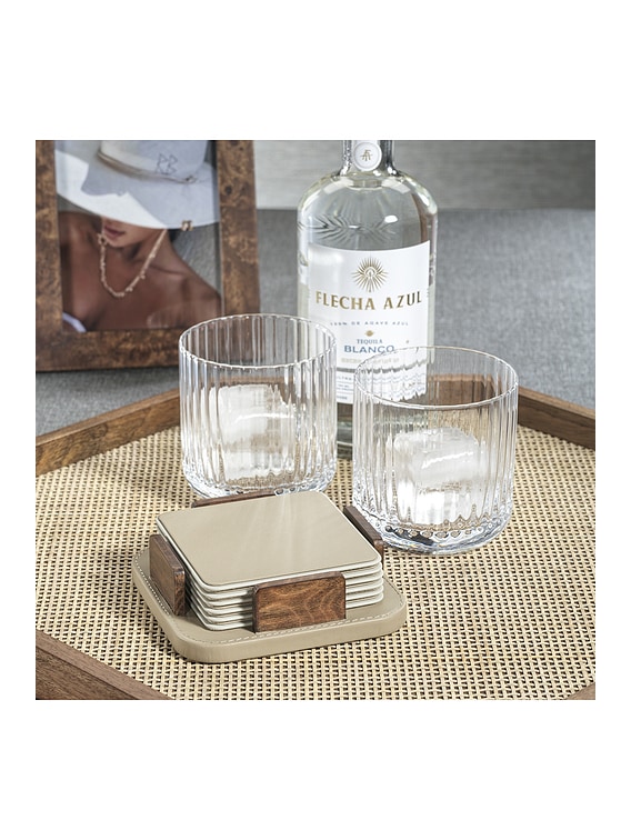 Sotto Leather With Burl Veneer Coaster Set Of 6