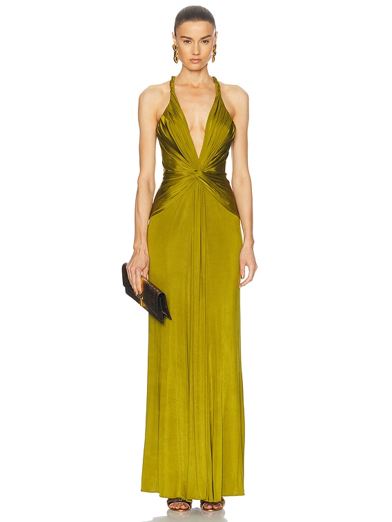 TOM FORD V Neck Evening Dress in Vivid Chartreuse | FWRD