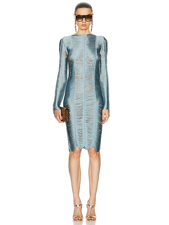 TOM FORD Fringe Artwork Cocktail Dress in Stone Blue | FWRD