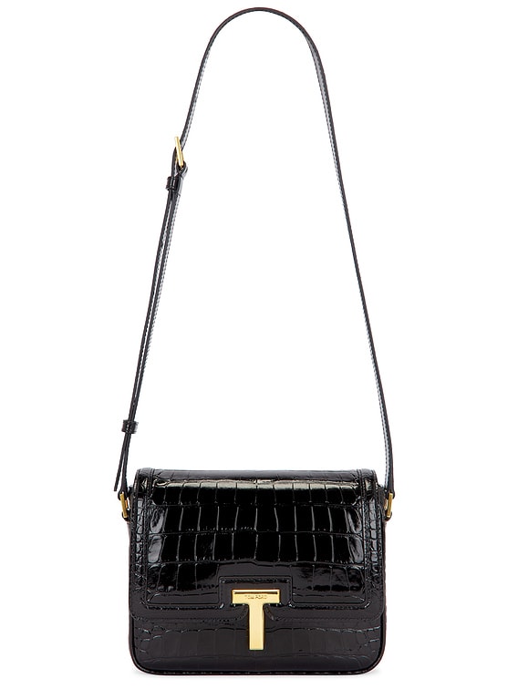 TOM FORD Wallis Stamped Croc Small Shoulder Bag in Black | FWRD