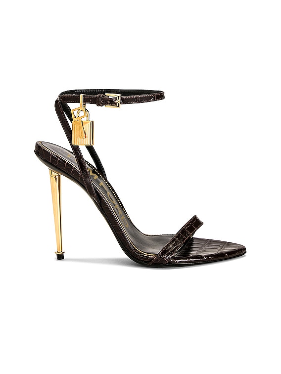 TOM FORD Stamped Croc Padlock Pointy Naked Sandal 105 in Chocolate | FWRD
