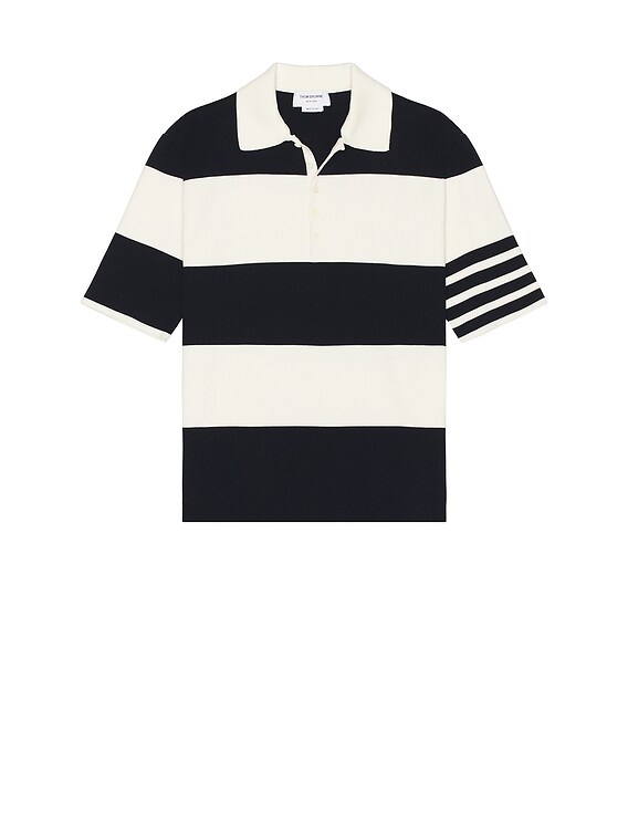 【THOM BROWNE】Rugby Fit RWB Stripe Short Sleeve Polo Shirt Thom Browne Rugby Stripe Short Sleeve Polo in Navy & White