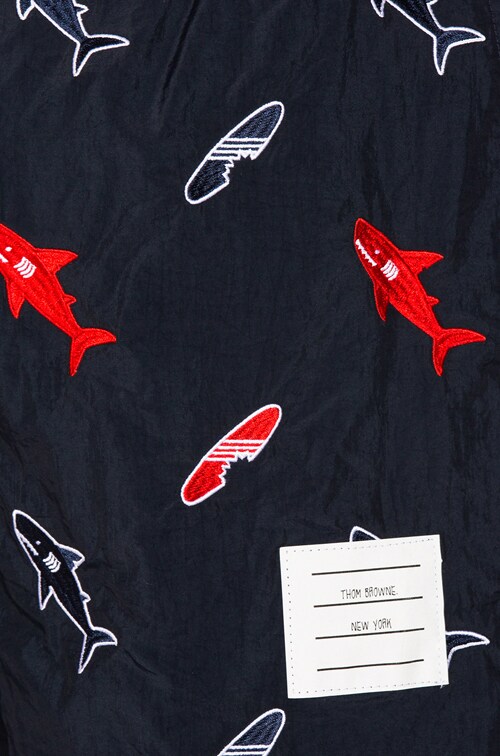 Thom Browne Shark & Surfboard Embroidery Swim Trunks in Navy