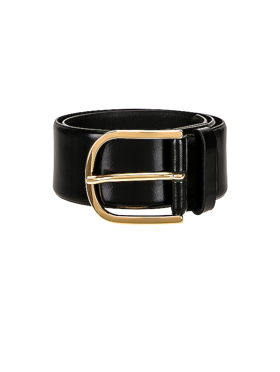 SS25【TOTEME】Wide Black Calf Leather Belt with Gold Buckle Leather belt in black - Toteme | Mytheresa