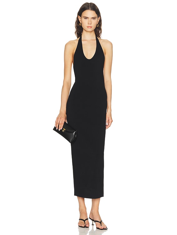 black knit halter dress Compact gold chain print dress