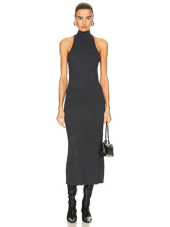 Toteme Ribbed Neck Wool Dress in Dark Grey Melange | FWRD