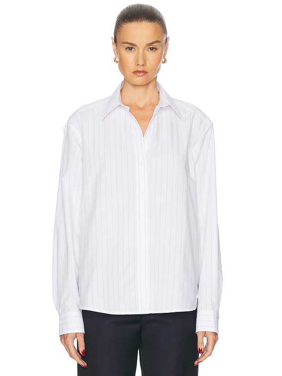 Toteme Monogram Striped Top in White & Cobalt Pinstripe | FWRD