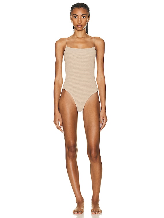 Toteme Smocked One Piece Swimsuit in Overcast Beige FWRD