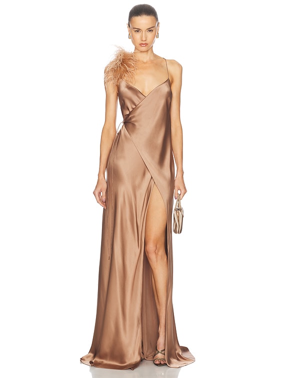slim fit dress slacks Shona Joy - La Lune Plunged Long Sleeve Maxi Dress - Gold
