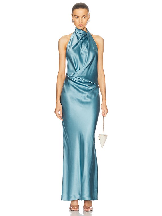 The Sei Halter Drape Bias Dress in Dusty Blue | FWRD