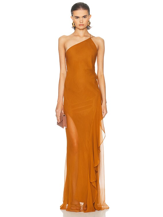 One Shoulder Ruffle Gown