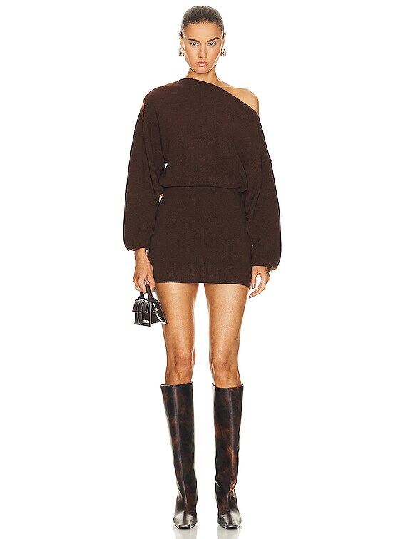 knee length dresses for ladies Walnut Ribbed Knit Ruched Off Shoulder Mini Dress main image 0