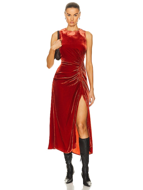 Satin Halter Gown With Feathers in Carnelian Red