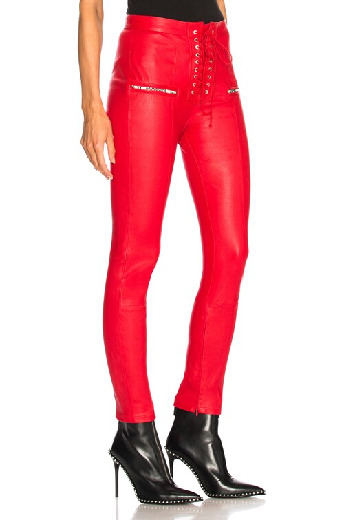 red leather lace up pants