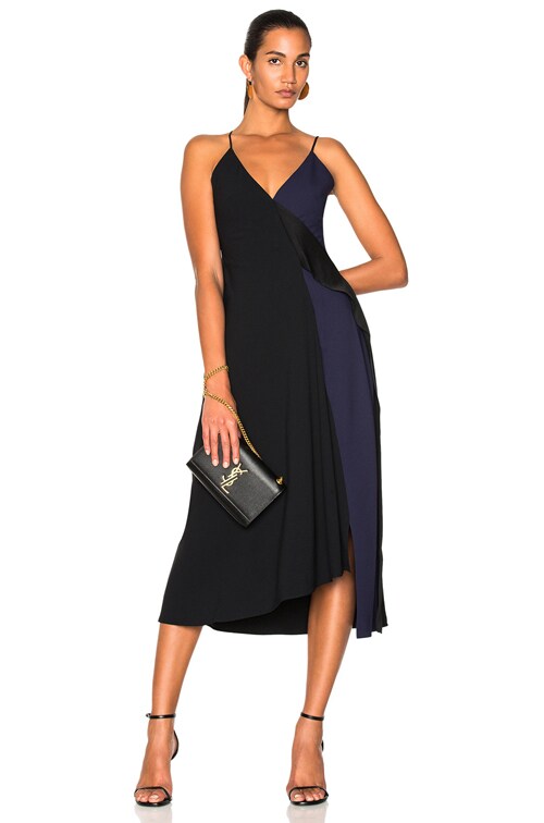 Victoria Beckham Satin Back Crepe Asymmetric V-Neck Cami Flare Dress in  Black & Sapphire | FWRD