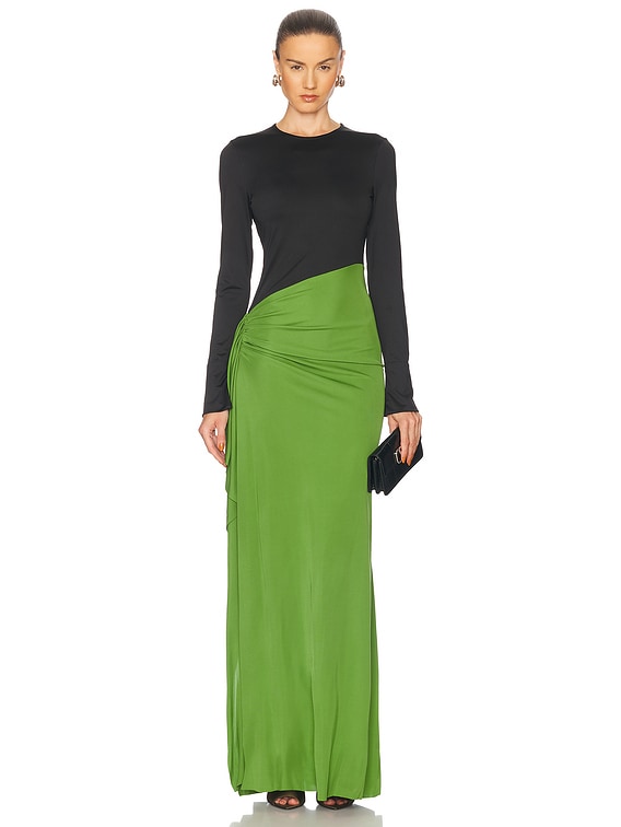 Victoria Beckham Long Sleeve Ruched Gown in Black & Algae | FWRD