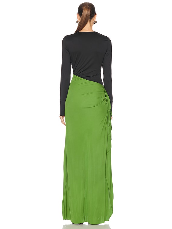 Victoria Beckham Long Sleeve Ruched Gown in Black & Algae | FWRD