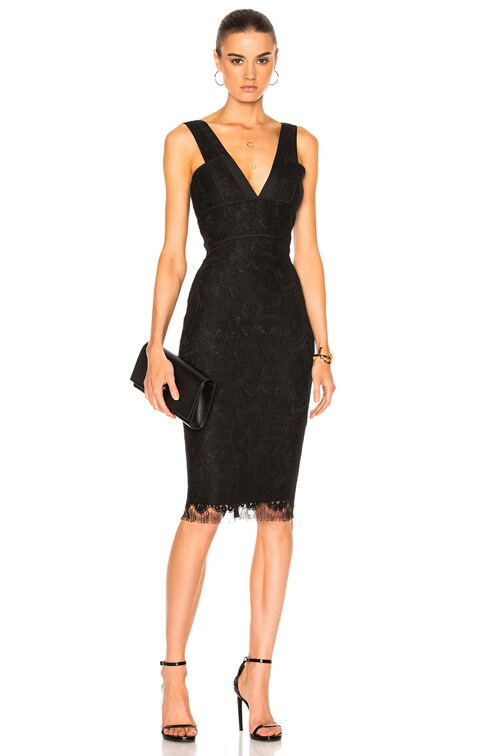 Victoria Beckham Floral Lace V Neck Fitted Dress in Black | FWRD