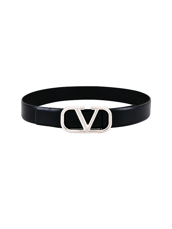 Valentino Garavani Black V-logo Belt With Silver Logo Buckle On