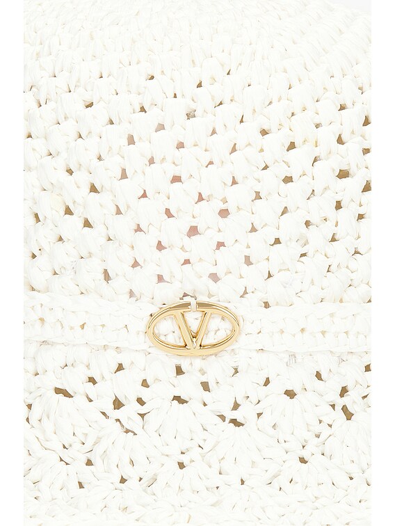 Valentino Garavani Crochet Bucket Hat in Bianco & Gold Valentino Garavani Garden Crochet Raffia Bucket Hat With V  main image 3