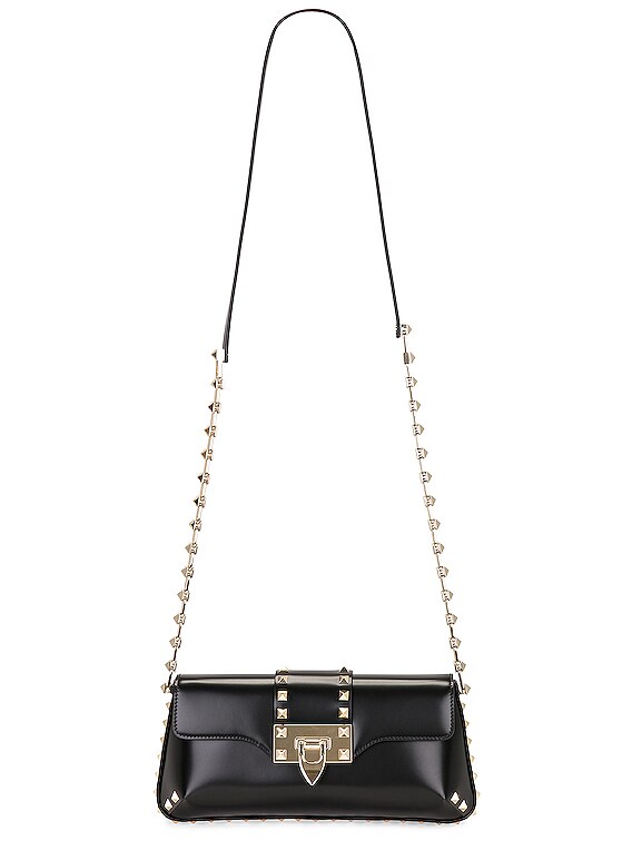 Valentino Garavani Small Rockstud Clutch With Chain In Nero