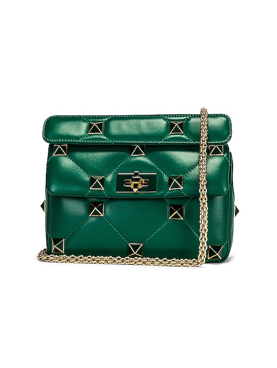 Valentino Jungle Green Nappa Leather Roman Stud Medium Shoulder Bag