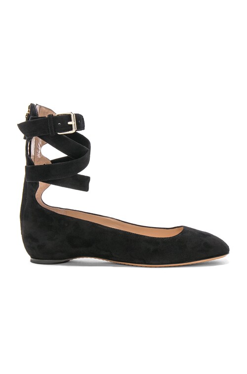 black suede flats with ankle strap