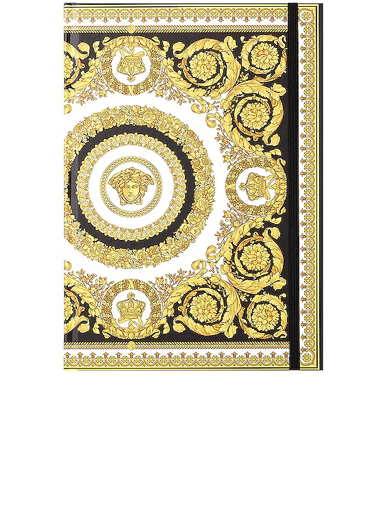 logo Ijzig kern VERSACE Crete De Fleur Notebook in Oro, Bianco, & Nero | FWRD