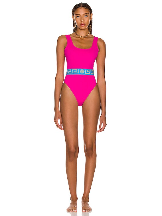 VERSACE Greca Band One Piece Swimsuit in Cerise & Teal | FWRD