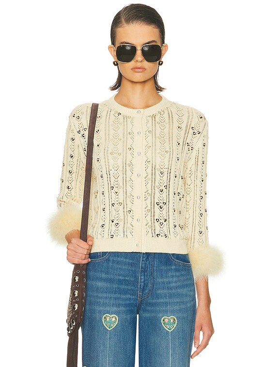 【VALENTINO】アイボリー シースルートップス Valentino Embroidered Feather Cuff Cardigan in Betulla | FWRD
