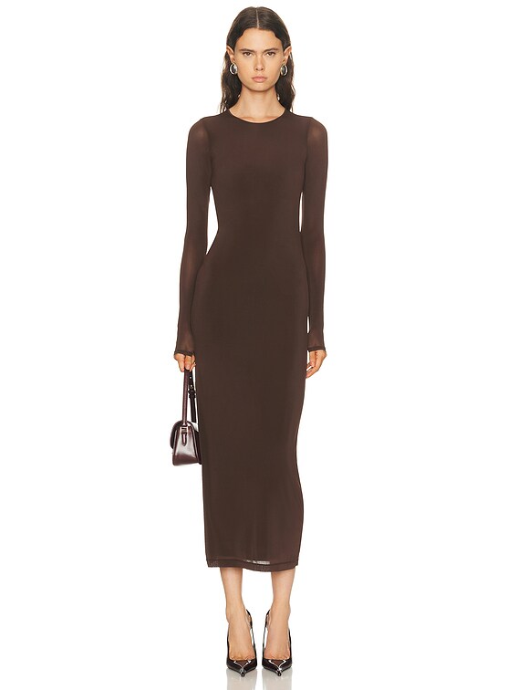 knee length dresses for ladies SEE YOU SOON BANDAGE MIDI DRESS WITH HIGH SLIT DARK BROWN – AKIRA main image 1
