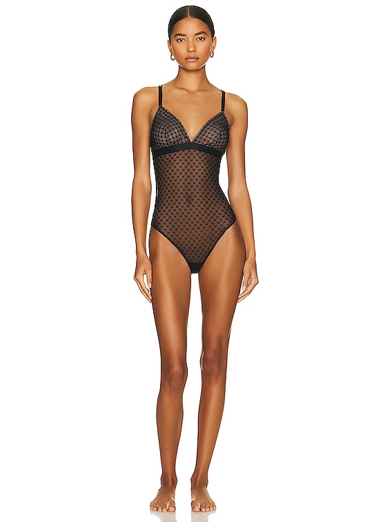 Wolford Sheer Logo Triangle Cup Bodysuit in Jet Black