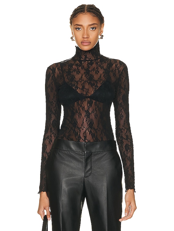 Wolford Floral Lace Mock Neck Long Sleeve Top in Black