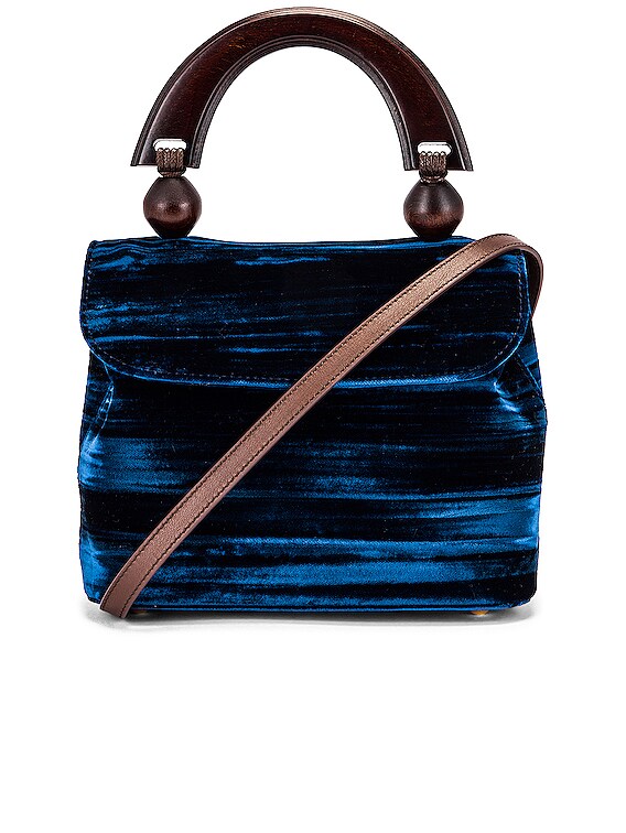 BY FAR Mini Fiona Crushed Velvet Top Handle Bag in Dark Blue FWRD