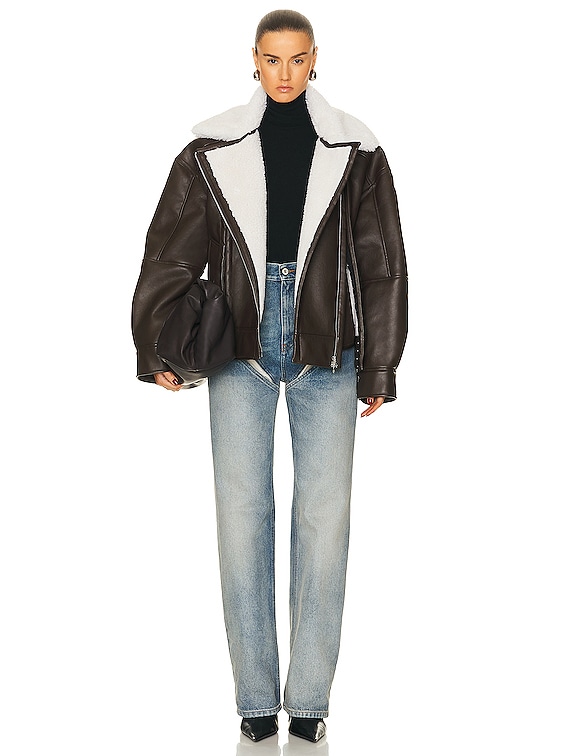 Y/Project Faux Shearling Leather Jacket in Dark Brown & Off White