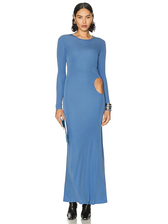 chinese dress ladies Blue Knit Dress Long Sleeve High Neck Cut Out
