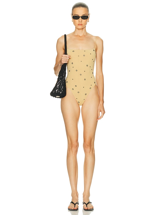 Ziah Eyelet Fine Strap One Piece Swimsuit in Caramello | FWRD
