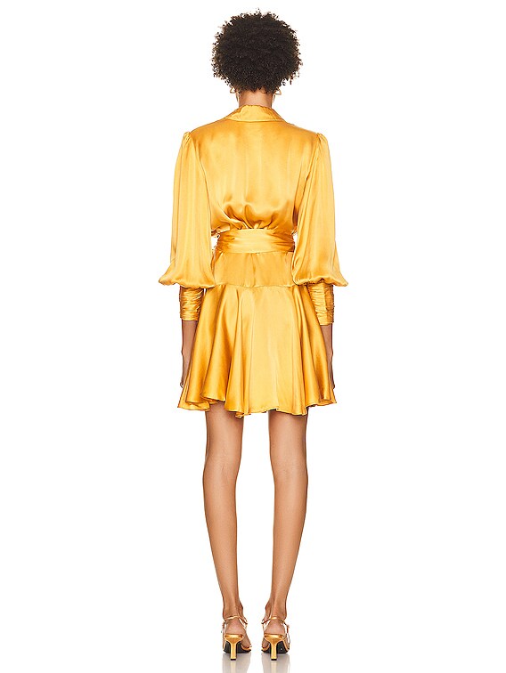 Zimmermann Silk Wrap Mini Dress in Gold | FWRD