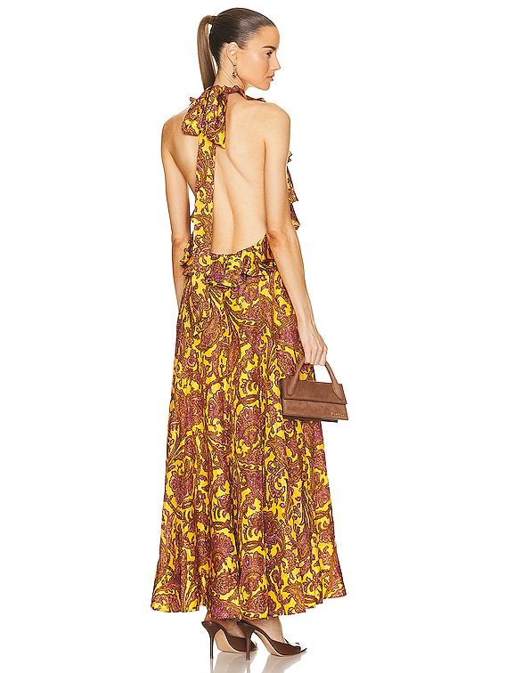 Zimmermann Tiggy Halter Long Dress in Yellow & Peach Paisley
