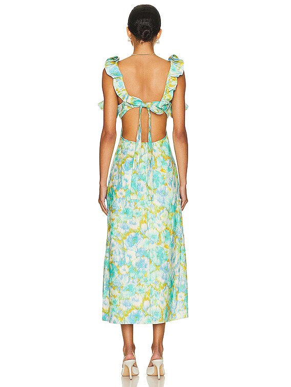 Zimmermann High Tide Frilled Midi Dress in Aqua Ikat Floral | FWRD Zimmermann High Tide Frilled Midi Dress in Aqua Ikat Floral | FWRD