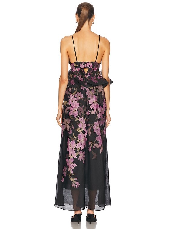 送料込/関税込■ZIMMERMANN■プリントミディドレス Zimmermann Dawning Ruffle Slip Dress in Black Lily | FWRD