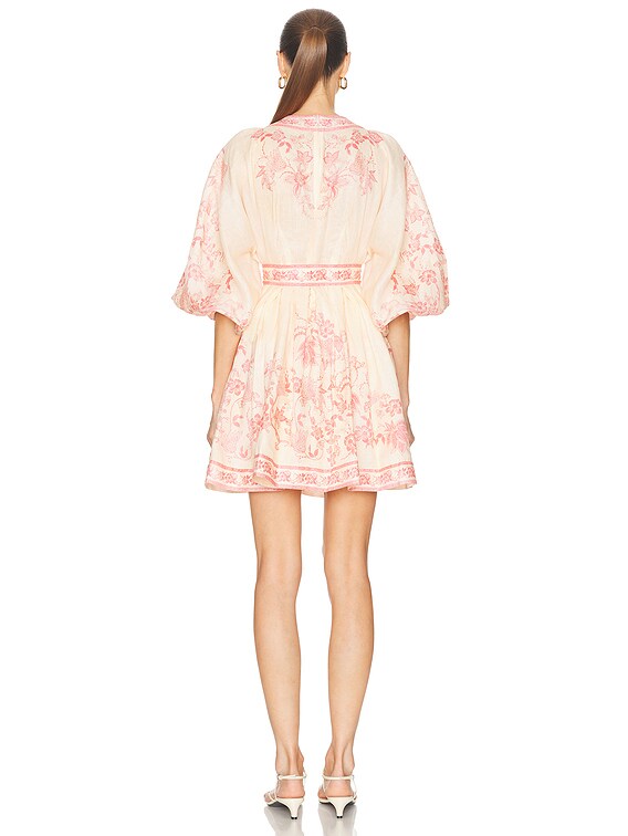 zimmermann pink floral mini dress Ruffled floral-print linen halterneck mini dress - baby pink