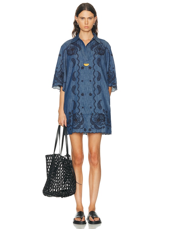 embroidered denim shirt dress BlueVelvet Denim High Low Dress with Embroidery Details in Denim L