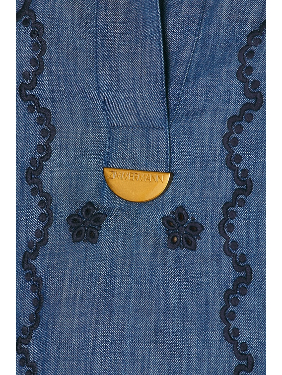 Zimmermann Aster Embroidered Denim Mini Dress in Railway Blue | FWRD Zimmermann Aster Embroidered Denim Mini Dress in Railway Blue | FWRD