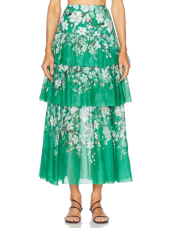 スカート ZIMMERMANN 'Everley Tiered Midi' skirt Zimmermann Everley Tiered Midi Skirt in Green Watercolour
