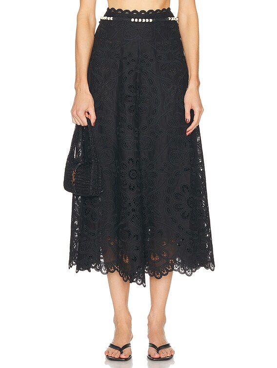 スカート ZIMMERMANN RHIANNON EMBROIDERED MIDI SKIRT Zimmermann Rhiannon Embroidered Skirt in Black | FWRD