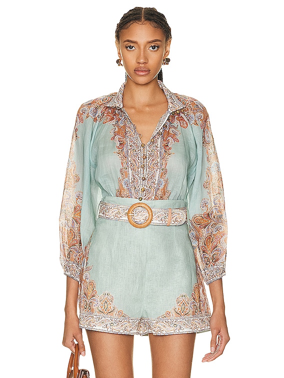 MIZUASOBI Sheer Top 緑チェック Zimmermann Devi Billow Blouse in Mint Paisley | FWRD