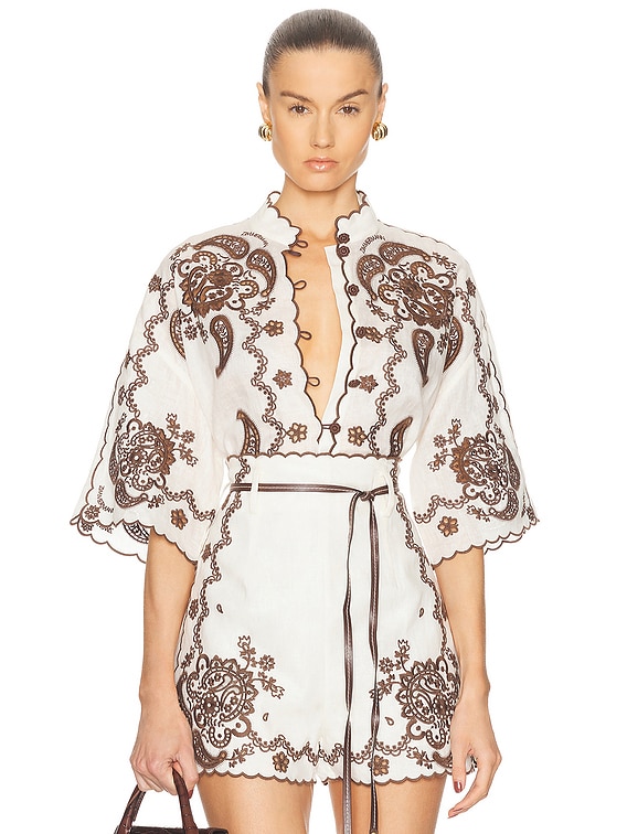 Zimmermann Ascension Embroidered Shirt in Ivory & Chocolate | FWRD